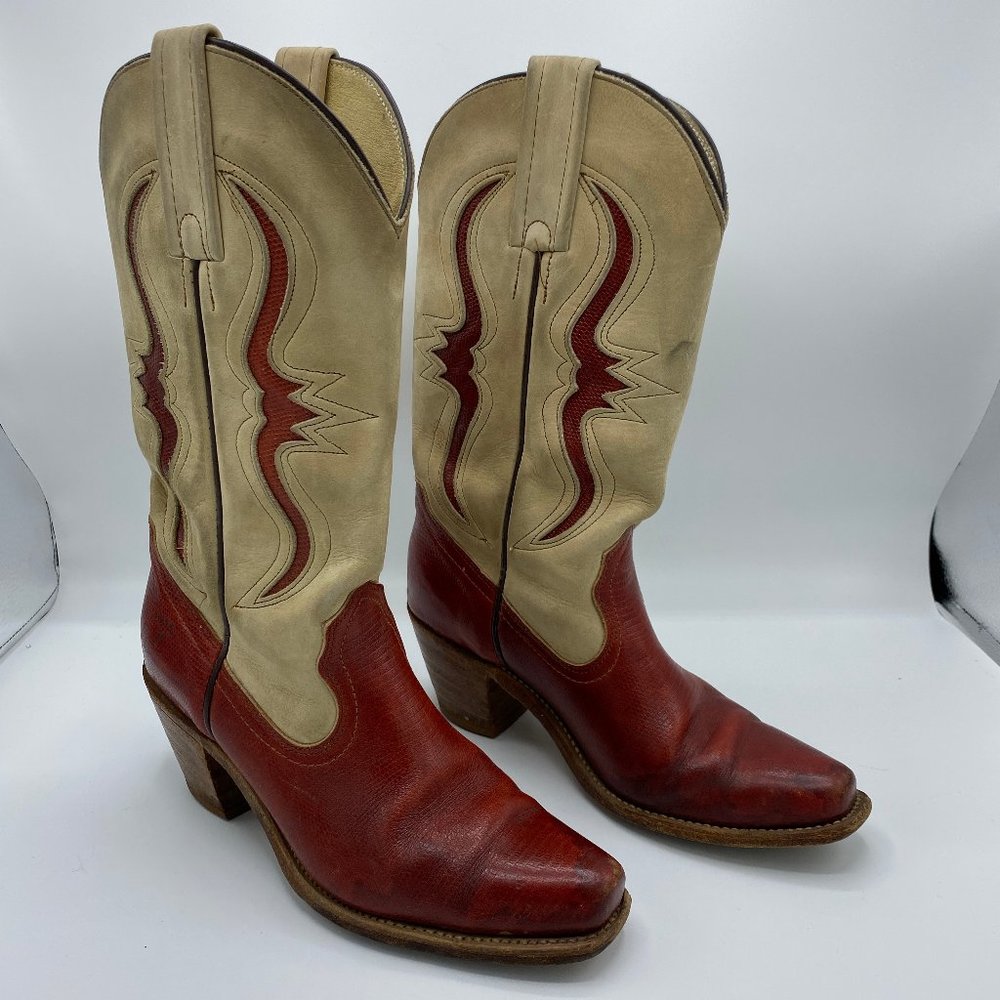 Vintage Frye Tan Red Western Cowboy Boots 7.5 B
